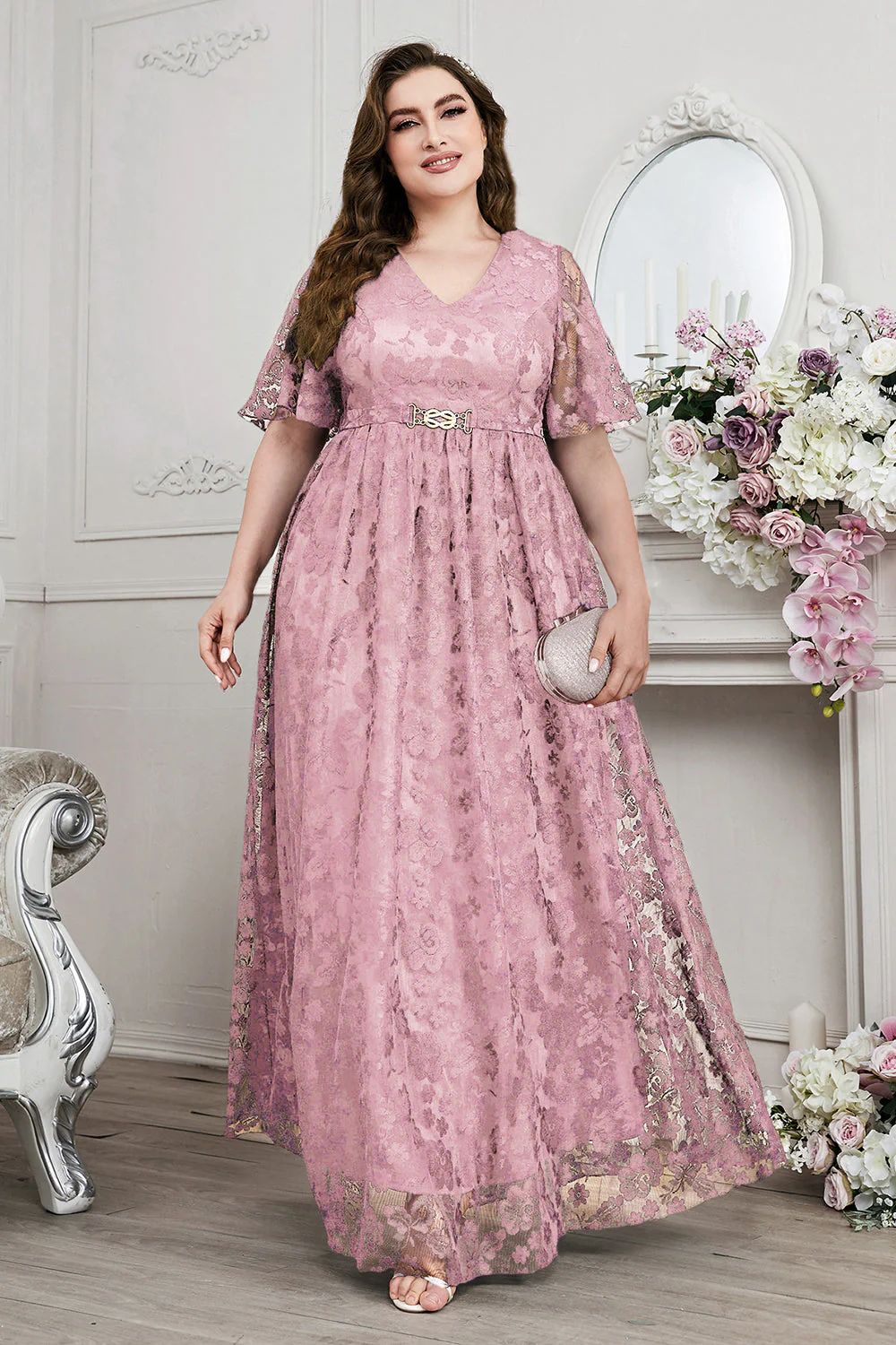 Navy A-Line Lace V-Neck Short Sleeves Long Mother of the Bride Dress - Image 13