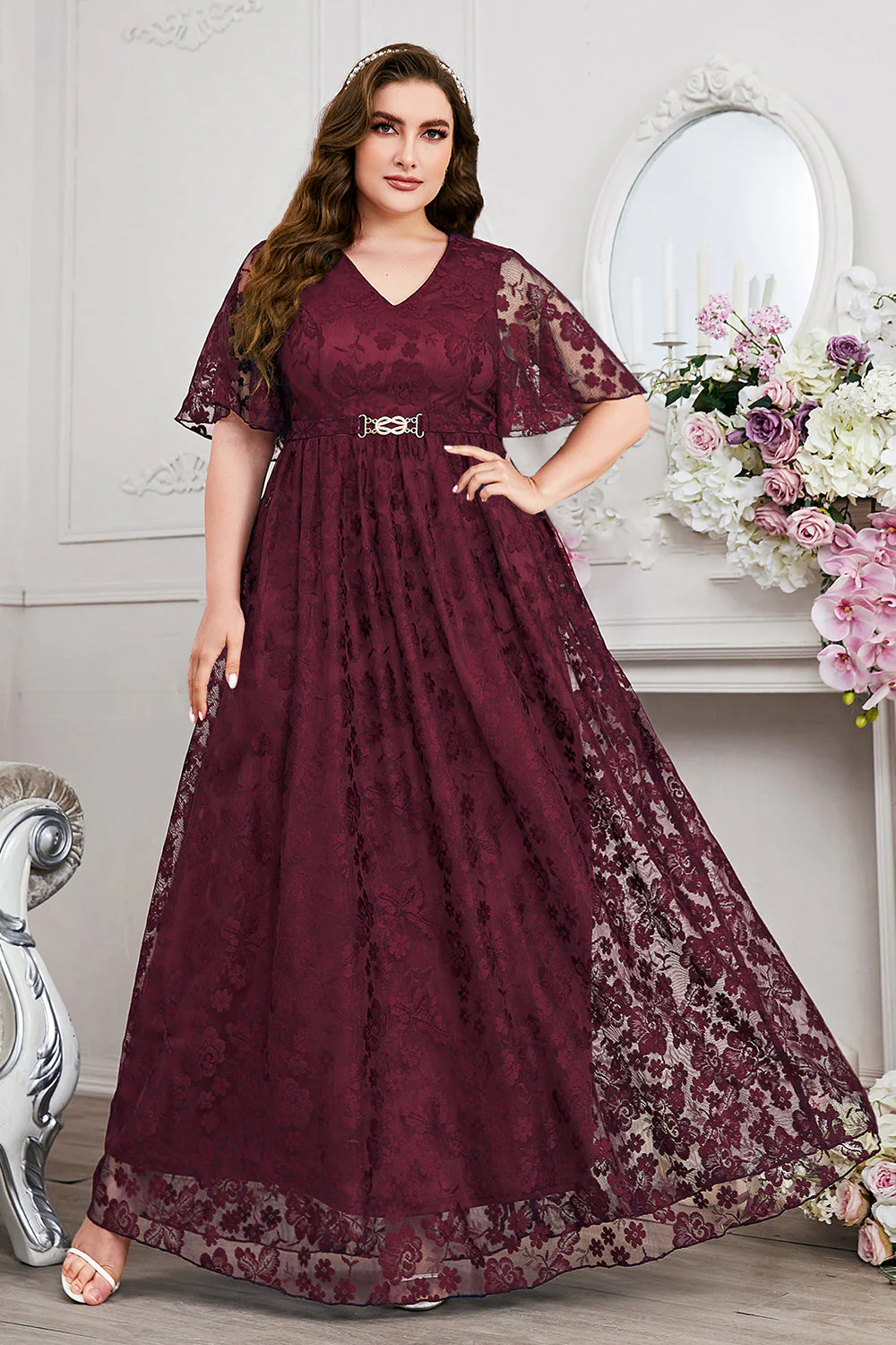 Navy A-Line Lace V-Neck Short Sleeves Long Mother of the Bride Dress - Image 14