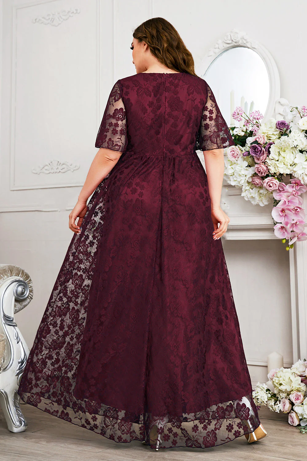 Navy A-Line Lace V-Neck Short Sleeves Long Mother of the Bride Dress - Image 15