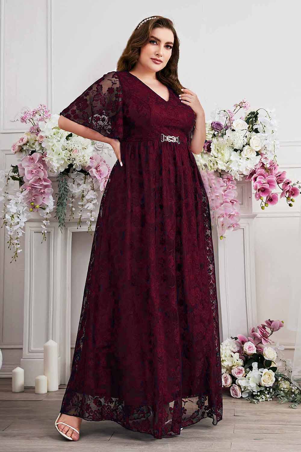 Navy A-Line Lace V-Neck Short Sleeves Long Mother of the Bride Dress - Image 16