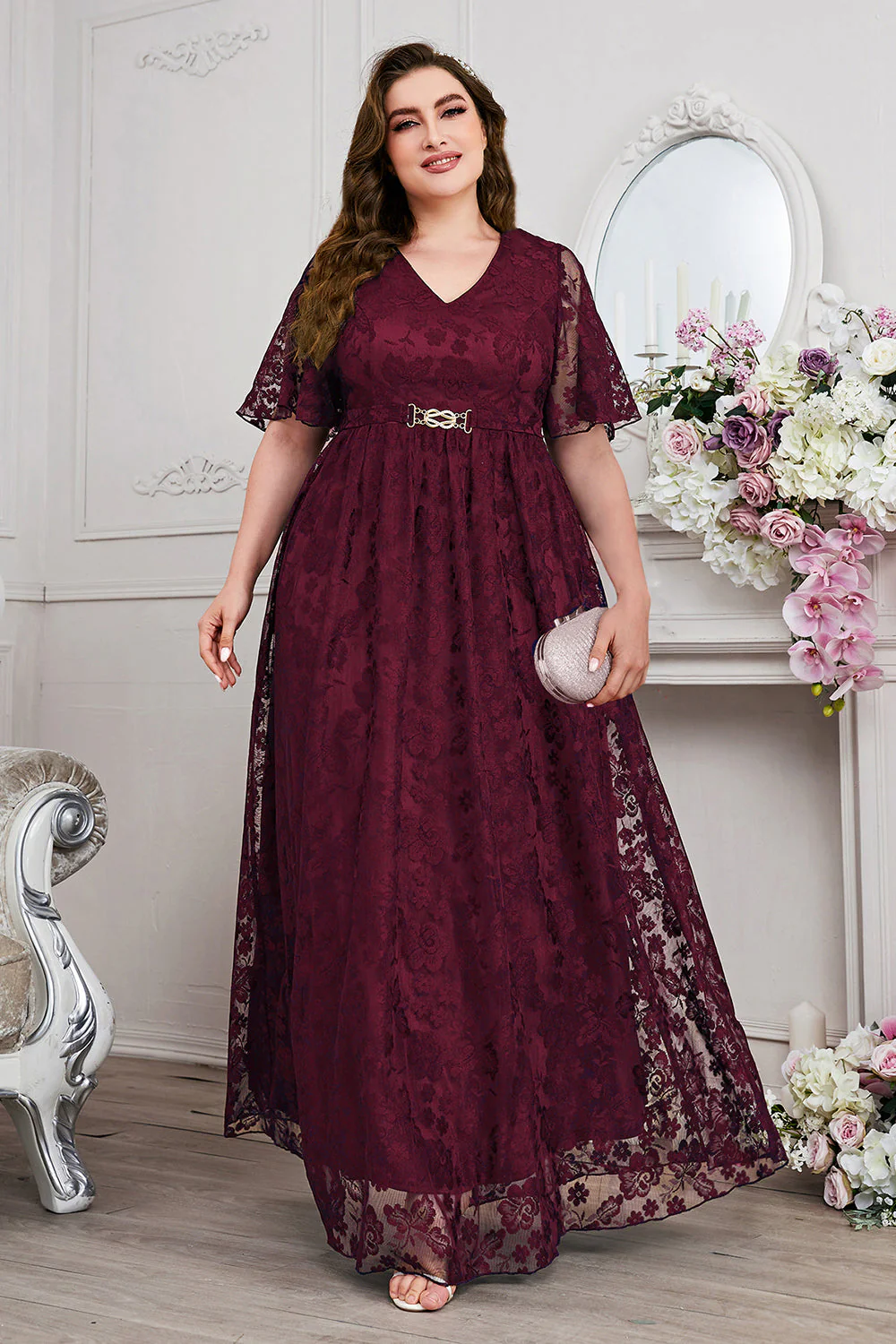 Navy A-Line Lace V-Neck Short Sleeves Long Mother of the Bride Dress - Image 17