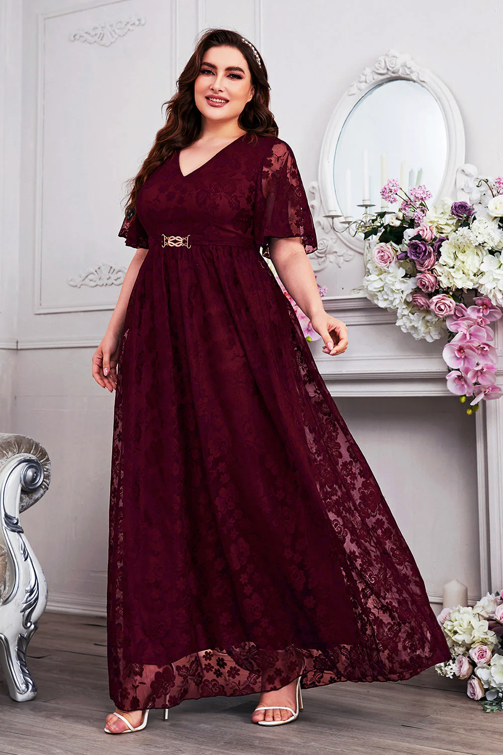 Navy A-Line Lace V-Neck Short Sleeves Long Mother of the Bride Dress - Image 18
