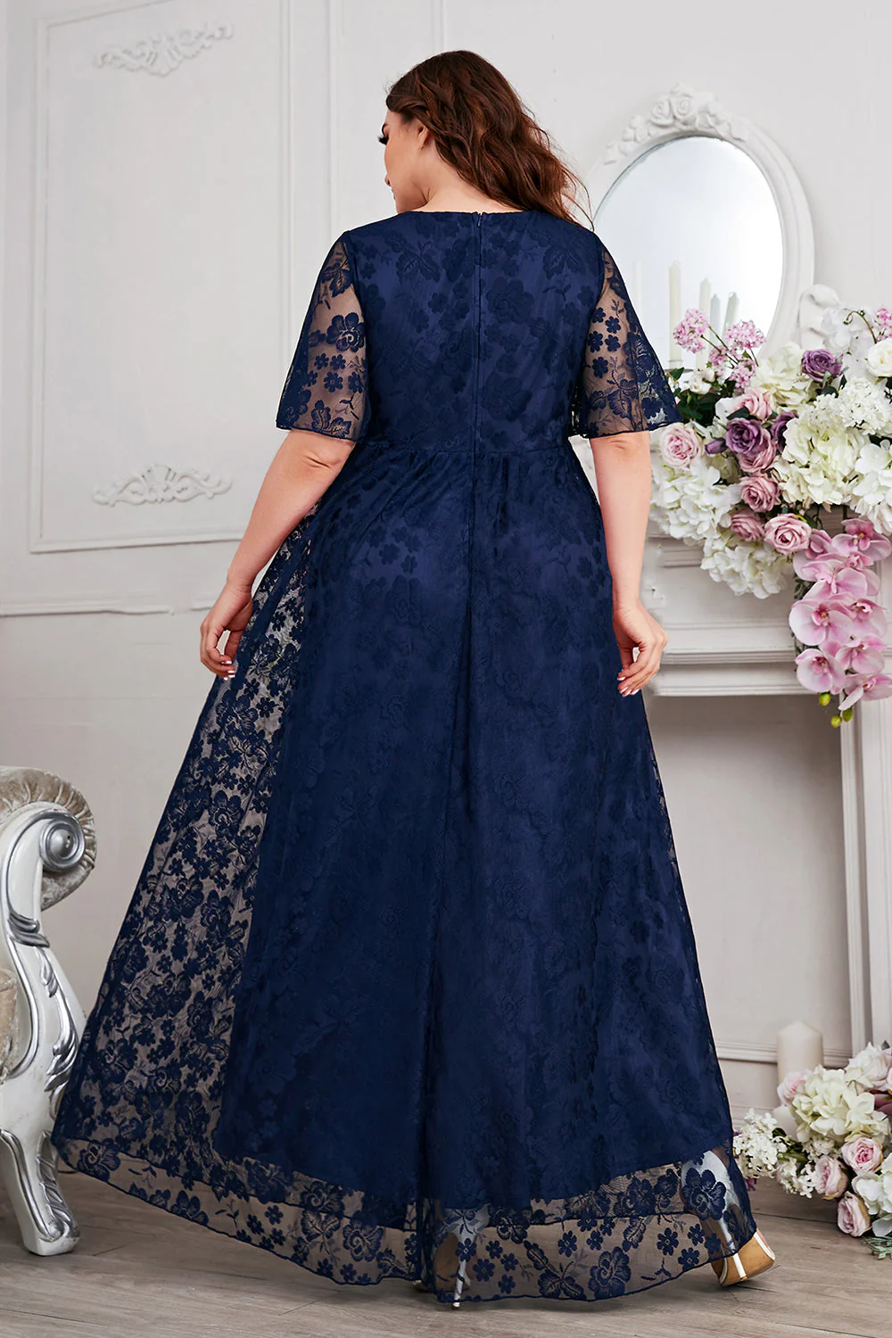 Navy A-Line Lace V-Neck Short Sleeves Long Mother of the Bride Dress - Image 2