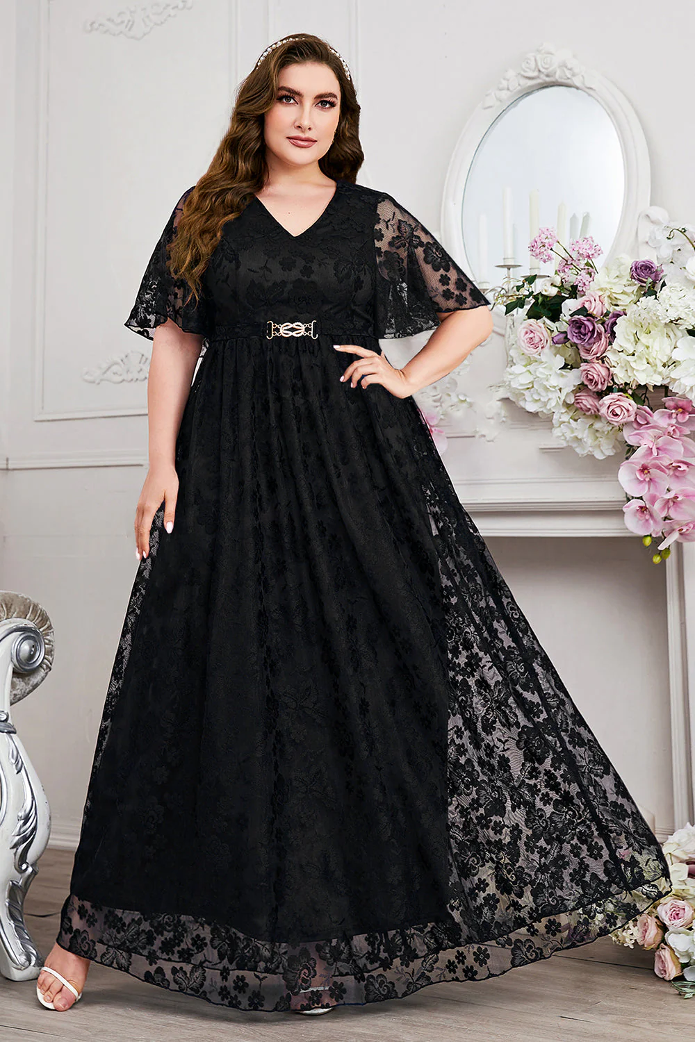 Navy A-Line Lace V-Neck Short Sleeves Long Mother of the Bride Dress - Image 6