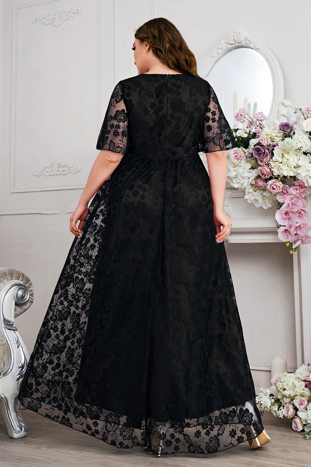 Navy A-Line Lace V-Neck Short Sleeves Long Mother of the Bride Dress - Image 7