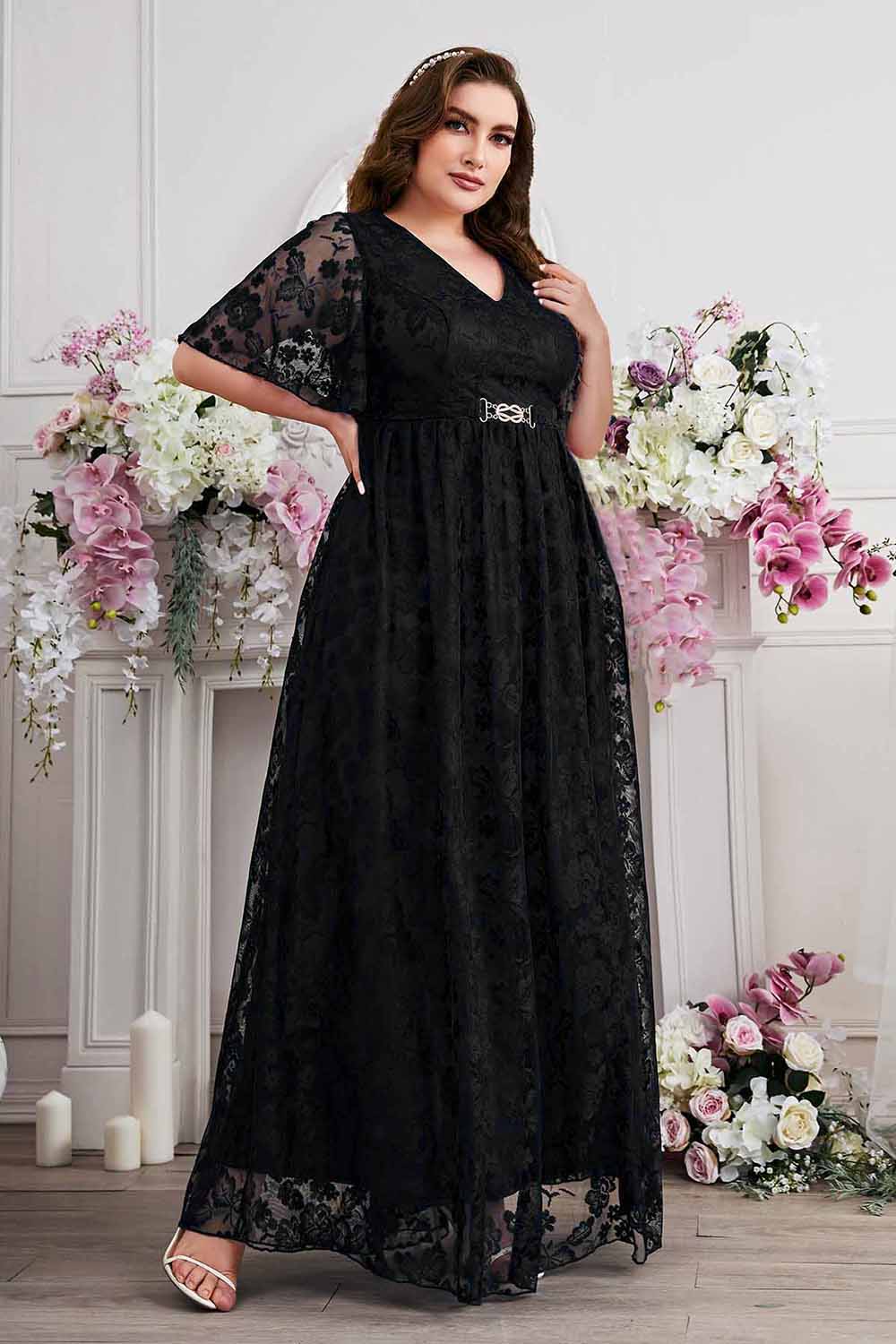 Navy A-Line Lace V-Neck Short Sleeves Long Mother of the Bride Dress - Image 8