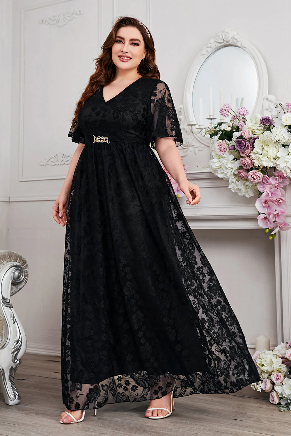 Navy A-Line Lace V-Neck Short Sleeves Long Mother of the Bride Dress - Image 9