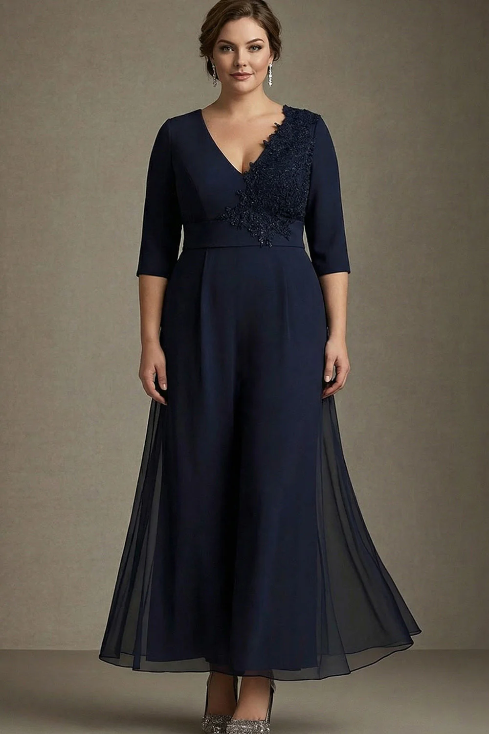 Navy A-Line V-Neck Chiffon Plus Size Mother of the Bride Dress with Appliques