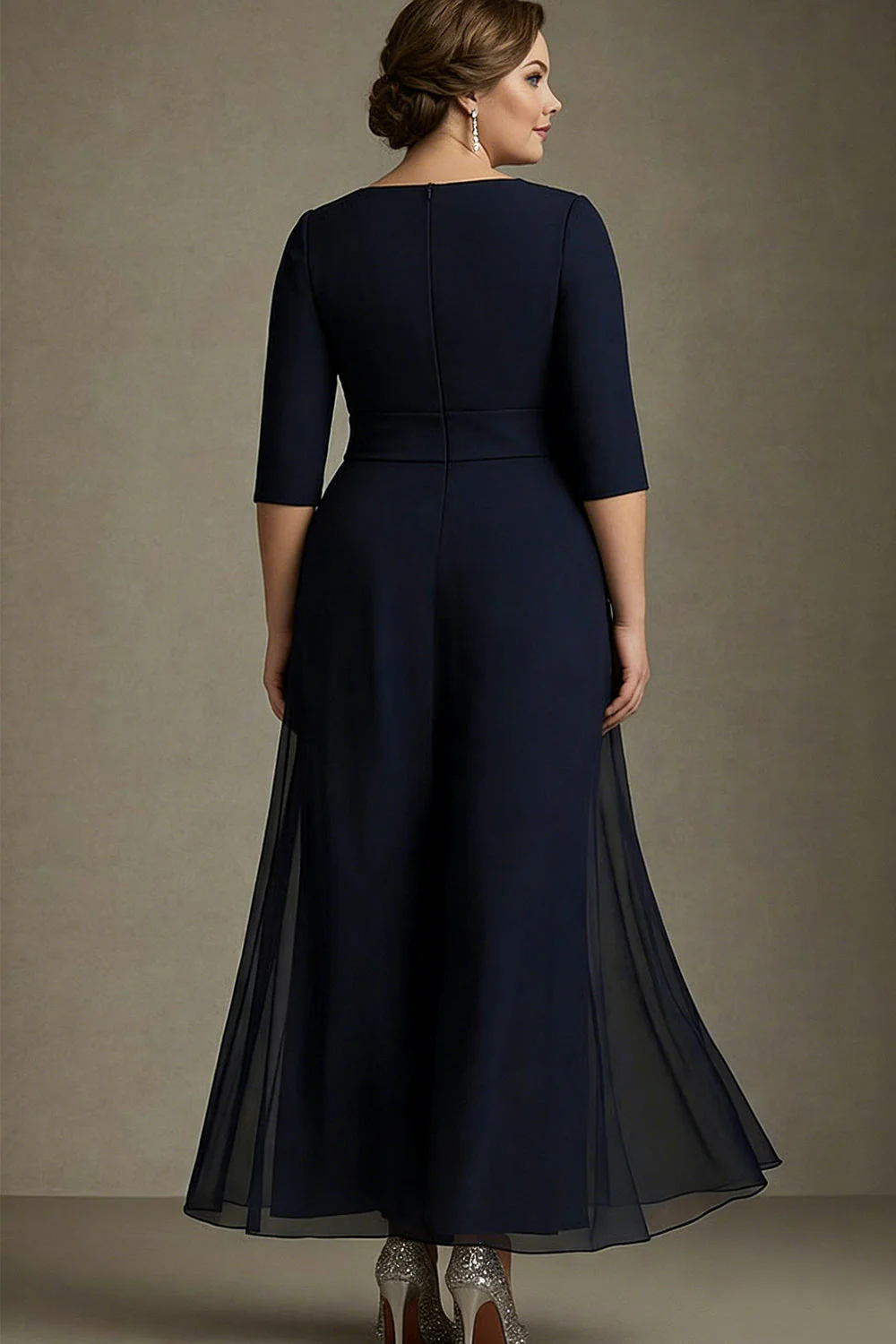 Navy A-Line V-Neck Chiffon Plus Size Mother of the Bride Dress with Appliques - Image 2