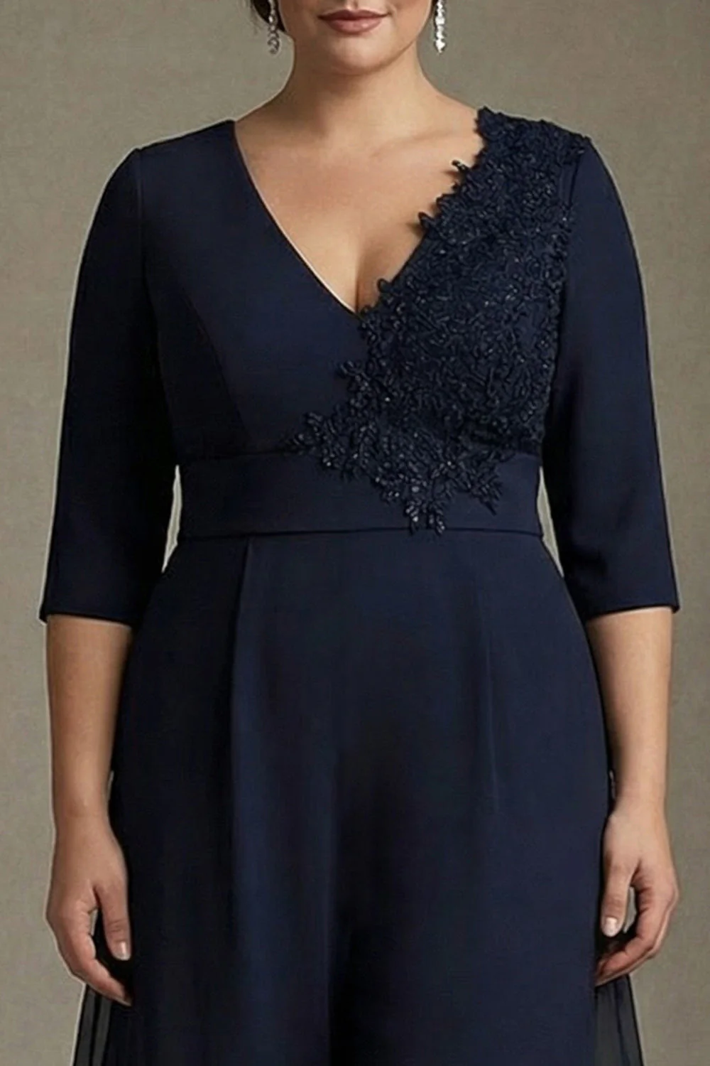 Navy A-Line V-Neck Chiffon Plus Size Mother of the Bride Dress with Appliques - Image 3