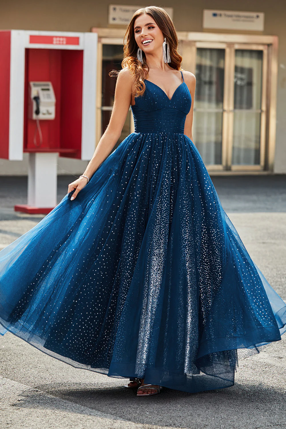 Navy A-Line V-Neck Long Beaded Tulle Prom Dresses With Pleated - Image 7