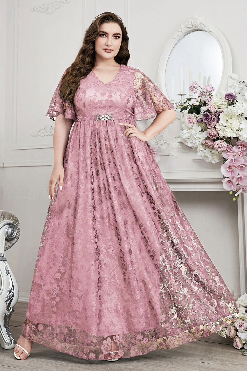 Navy A-Line V-Neck Short Sleeves Long Choir Dress with Lace - Image 12