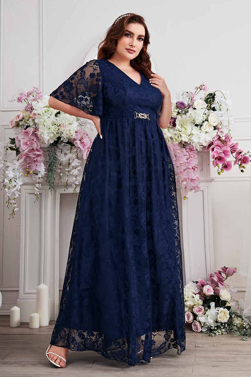 Navy A-Line V-Neck Short Sleeves Long Choir Dress with Lace - Image 4