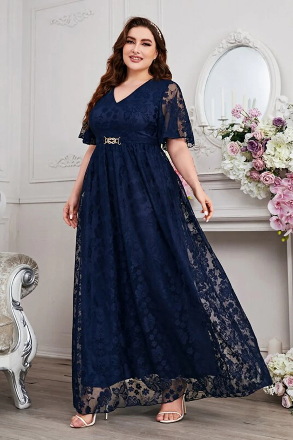 Navy A-Line V-Neck Short Sleeves Long Choir Dress with Lace - Image 5