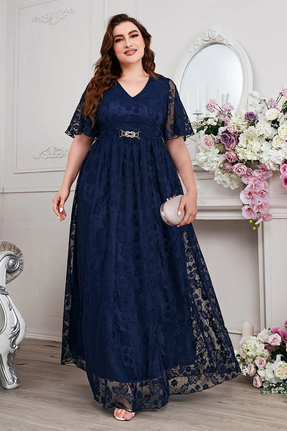 Navy A-Line V-Neck Short Sleeves Long Choir Dress with Lace - Image 6