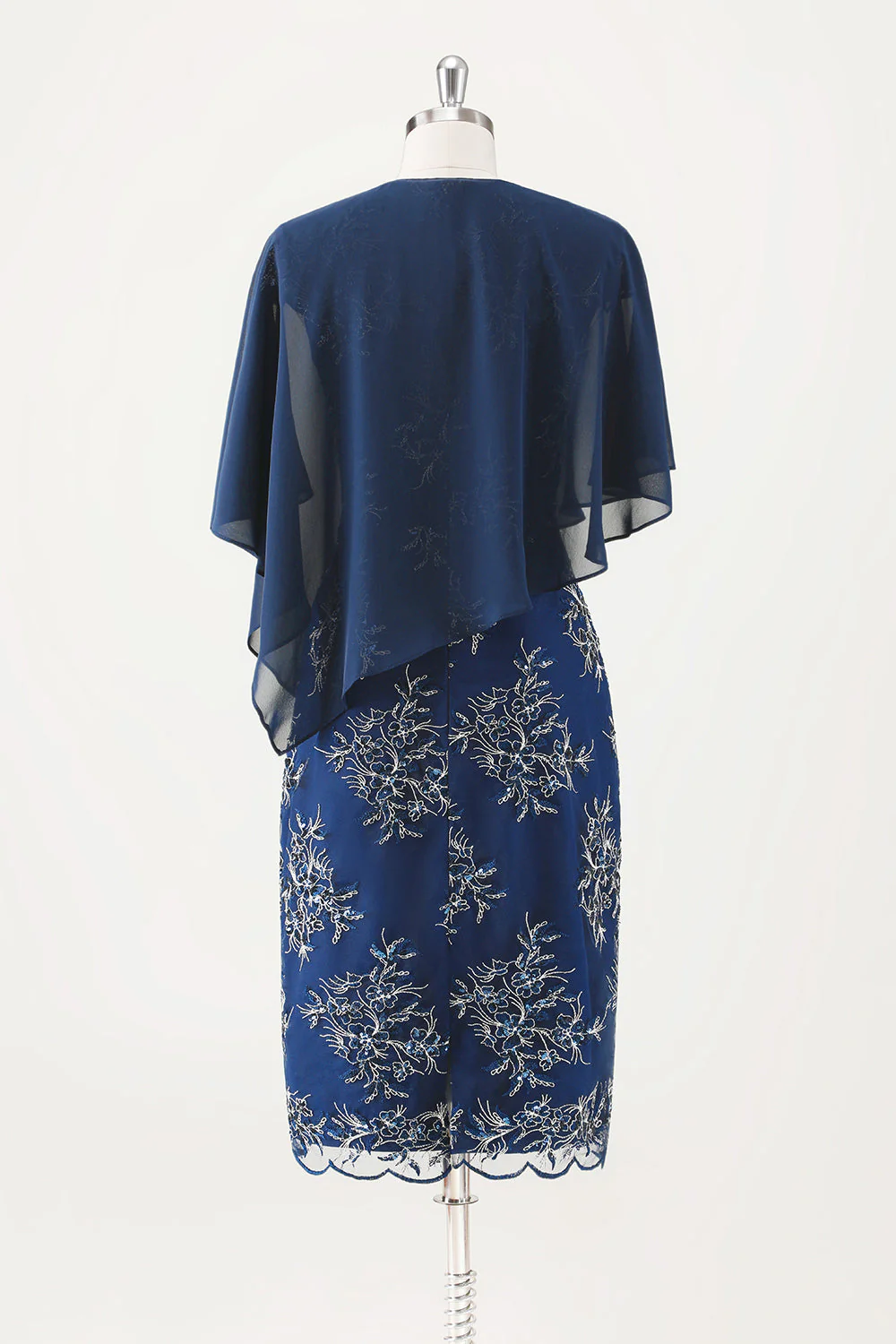 Navy Applique Sheath Tea Length Mother of the Bride Dress with Wrap - Image 2