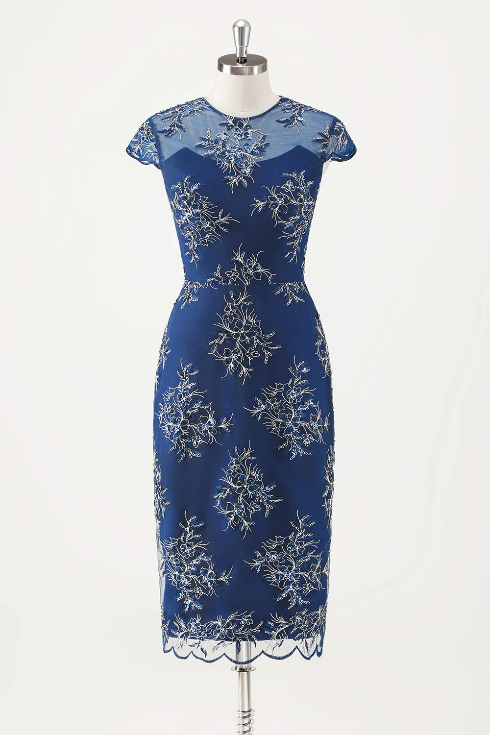 Navy Applique Sheath Tea Length Mother of the Bride Dress with Wrap - Image 3