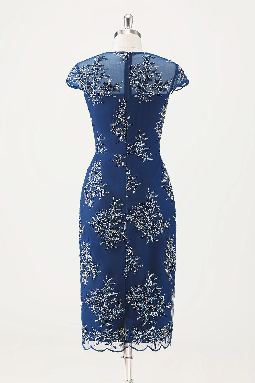 Navy Applique Sheath Tea Length Mother of the Bride Dress with Wrap - Image 4