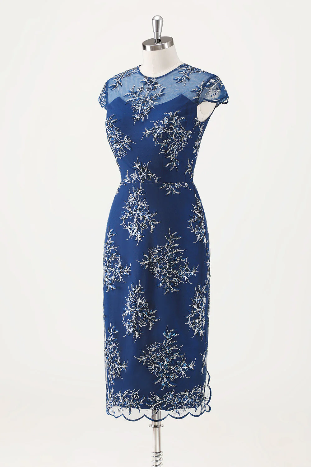 Navy Applique Sheath Tea Length Mother of the Bride Dress with Wrap - Image 5