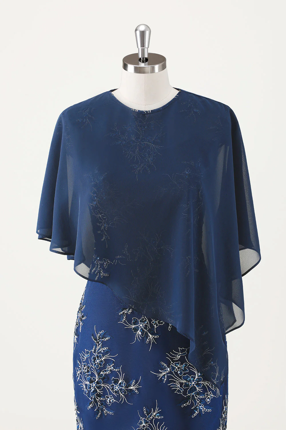 Navy Applique Sheath Tea Length Mother of the Bride Dress with Wrap - Image 6