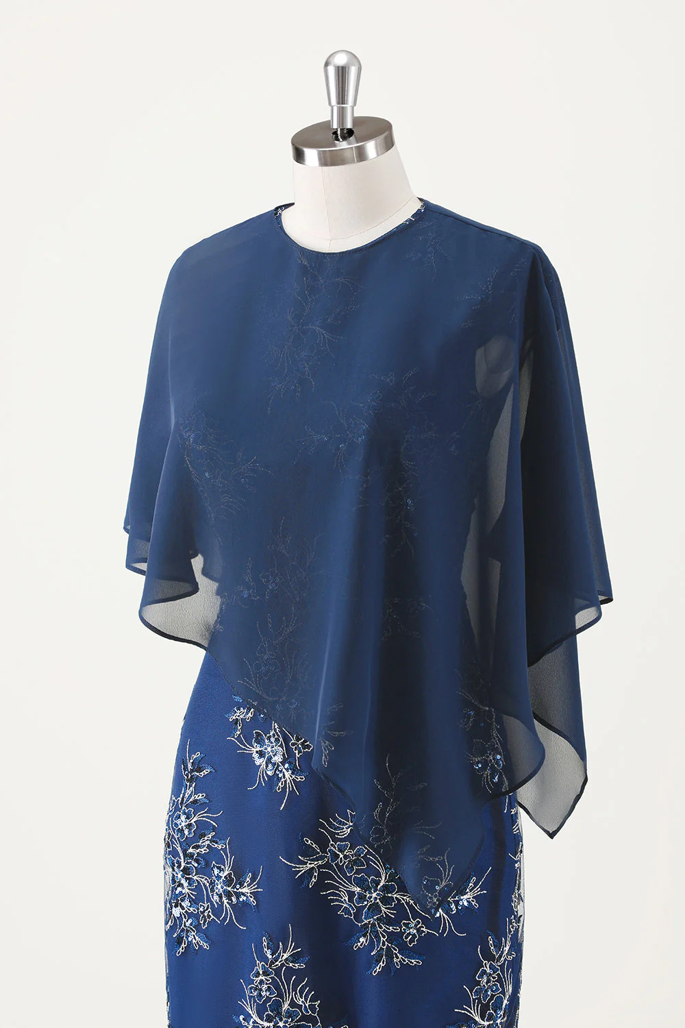 Navy Applique Sheath Tea Length Mother of the Bride Dress with Wrap - Image 7