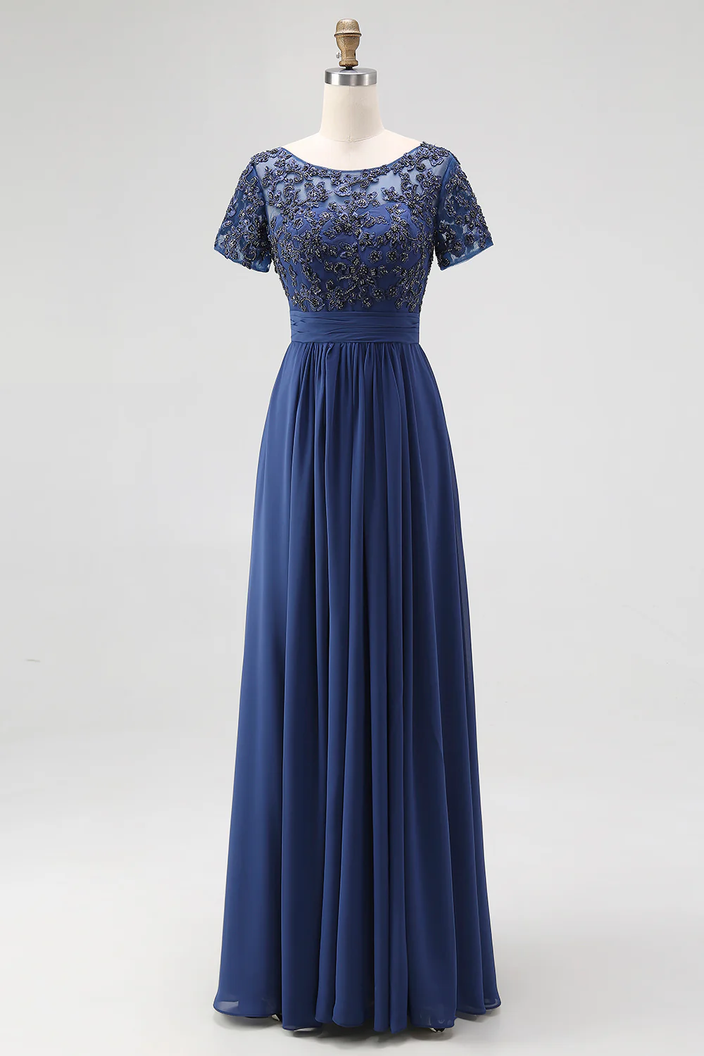 Navy A-Line Boat Neck Lace Appliques Chiffon Long Mother Of the Bride Dress with Short Sleeves - Image 3