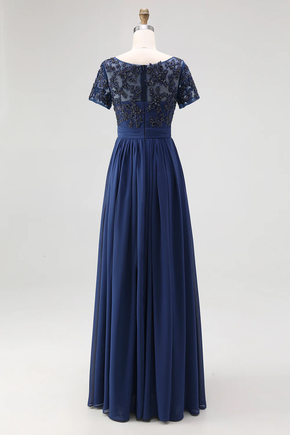 Navy A-Line Boat Neck Lace Appliques Chiffon Long Mother Of the Bride Dress with Short Sleeves - Image 4