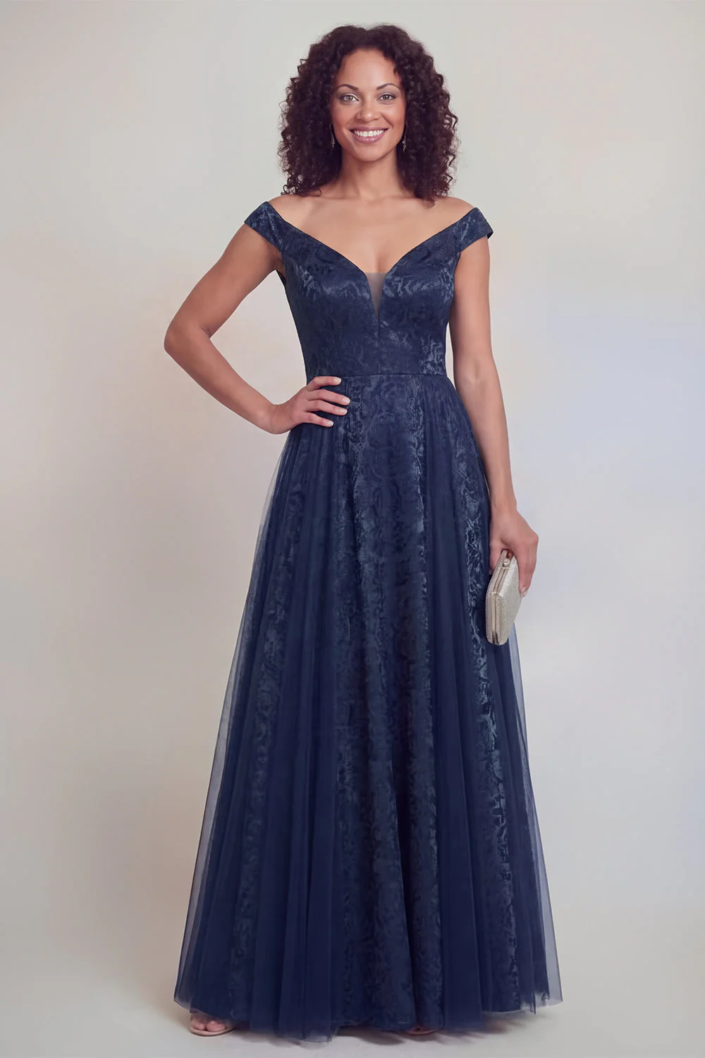 Navy Floral A Line Long Mothe of the Bride Dress