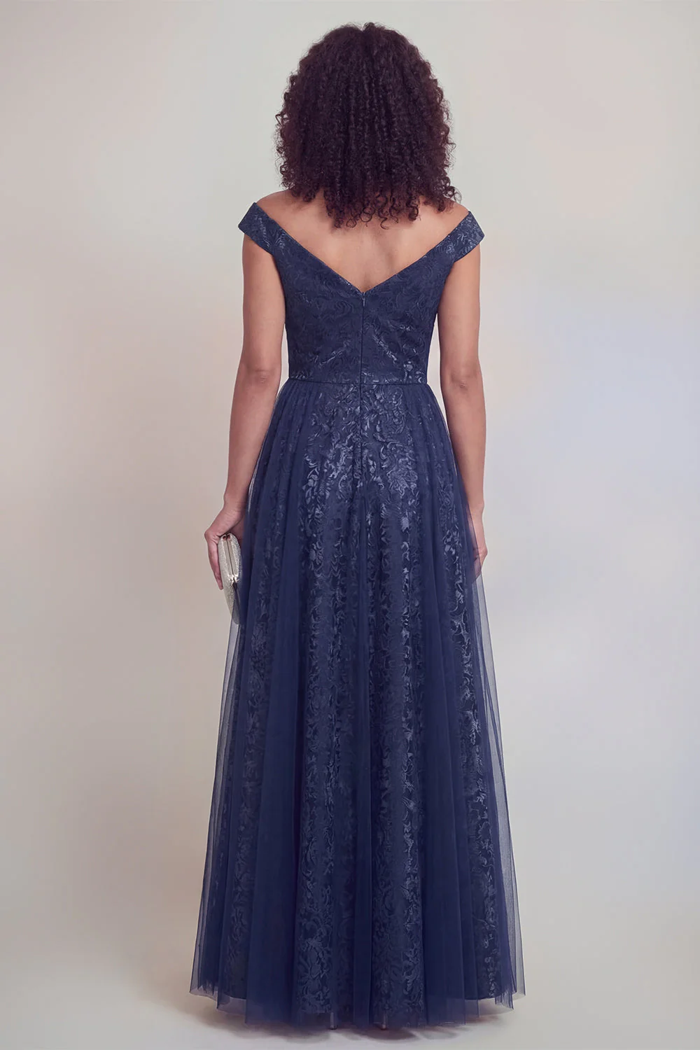 Navy Floral A Line Long Mothe of the Bride Dress - Image 2