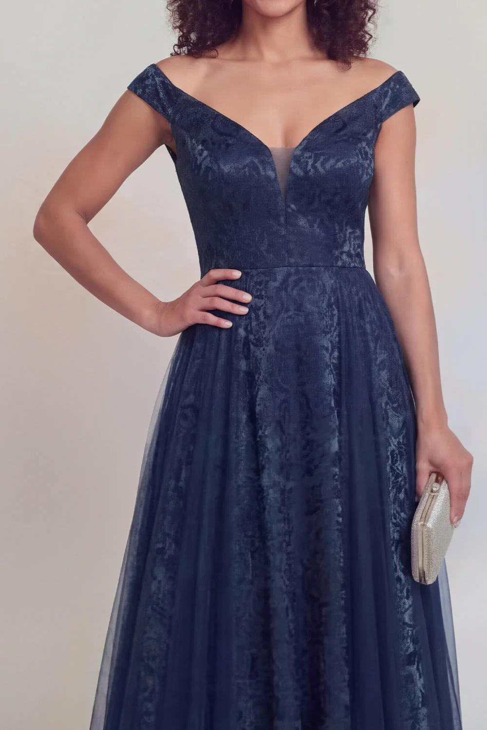 Navy Floral A Line Long Mothe of the Bride Dress - Image 3