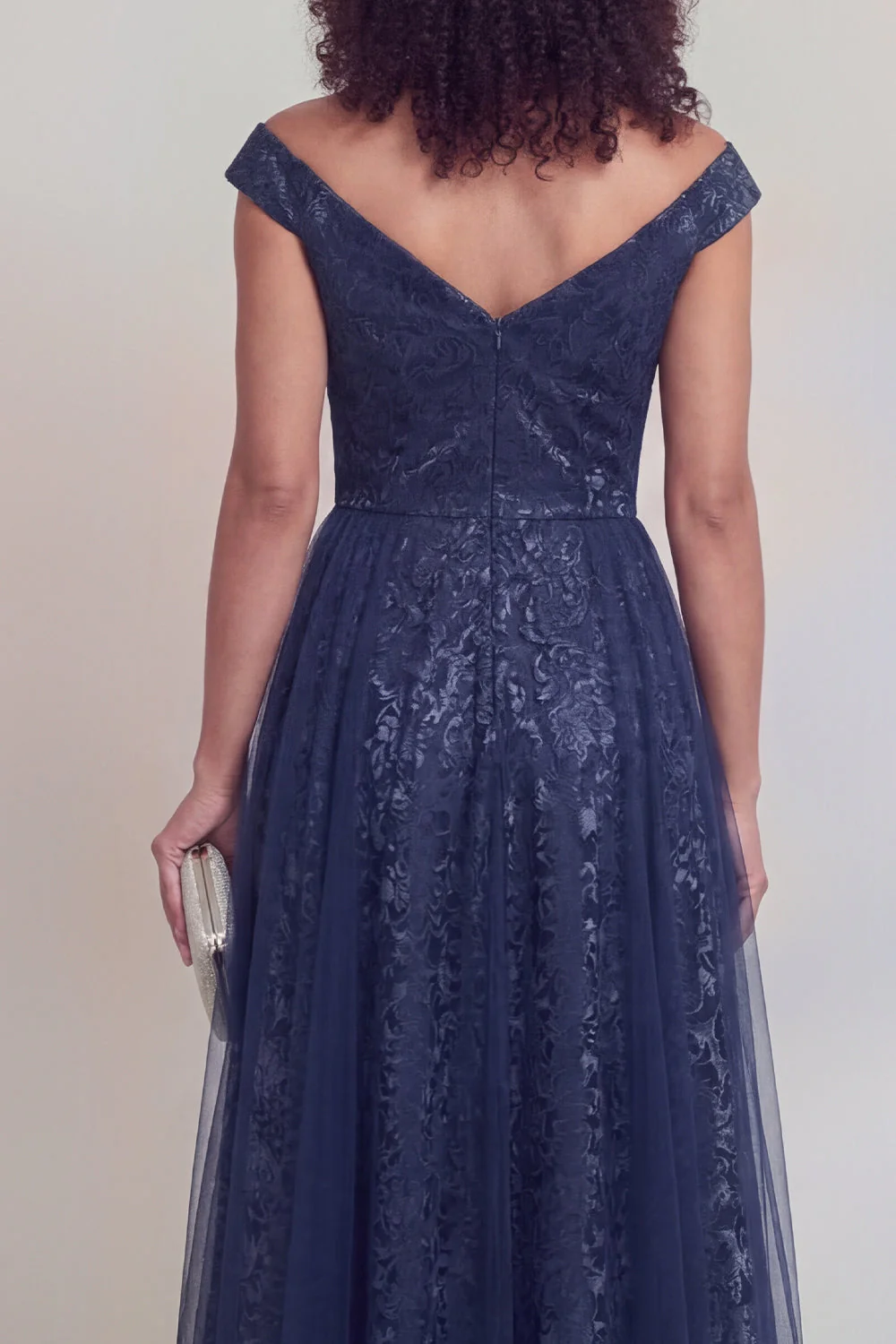 Navy Floral A Line Long Mothe of the Bride Dress - Image 4