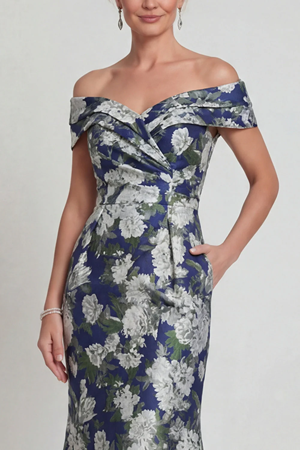 Navy Floral Off The Shoulder Printed Mermaid Mother of the Bride Dress with Pockets - Image 3
