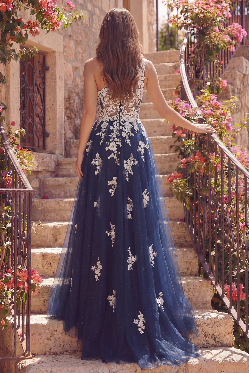 Navy Floral One Shoulder Tulle A Line Long Prom Dress - Image 2