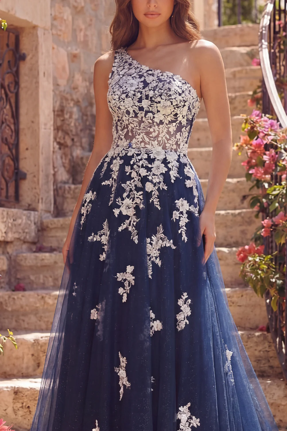 Navy Floral One Shoulder Tulle A Line Long Prom Dress - Image 3
