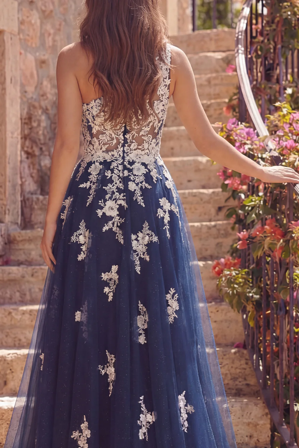 Navy Floral One Shoulder Tulle A Line Long Prom Dress - Image 4