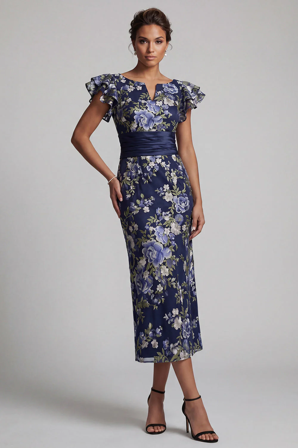 Navy Sheath Floral Ruffle Sleeves Long Mother Of the Bride Dress