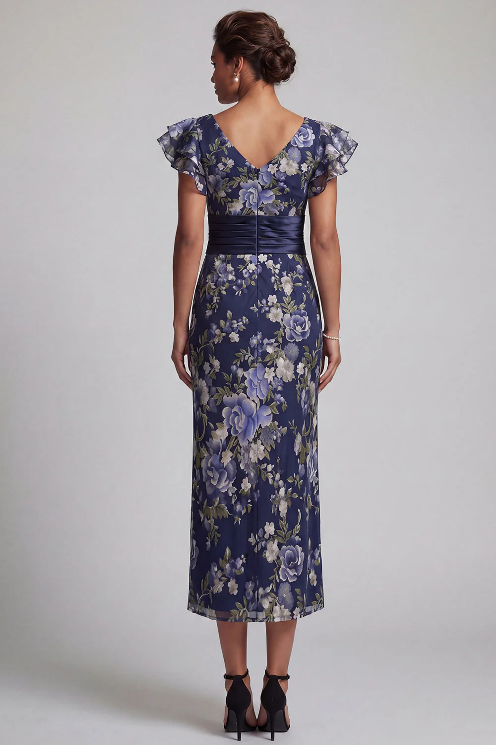 Navy Sheath Floral Ruffle Sleeves Long Mother Of the Bride Dress - Image 2