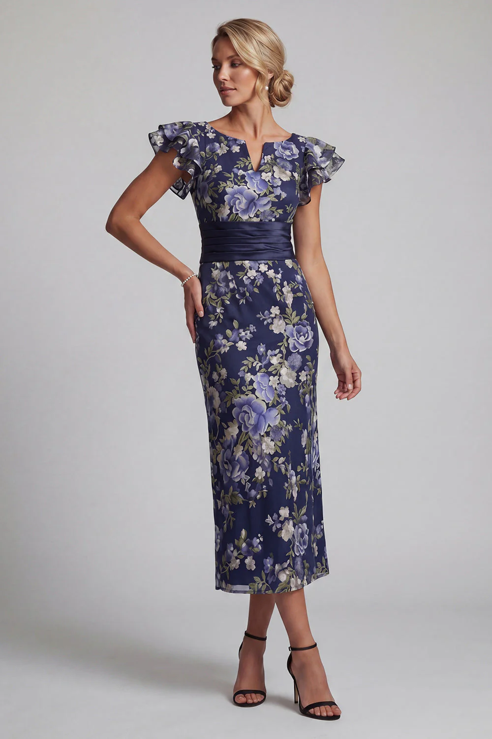 Navy Sheath Floral Ruffle Sleeves Long Mother Of the Bride Dress - Image 3