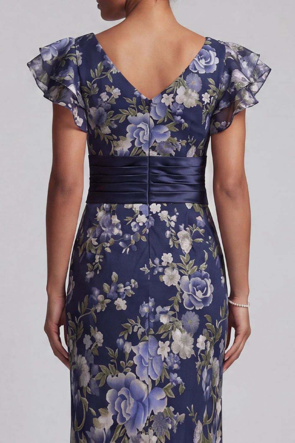 Navy Sheath Floral Ruffle Sleeves Long Mother Of the Bride Dress - Image 5