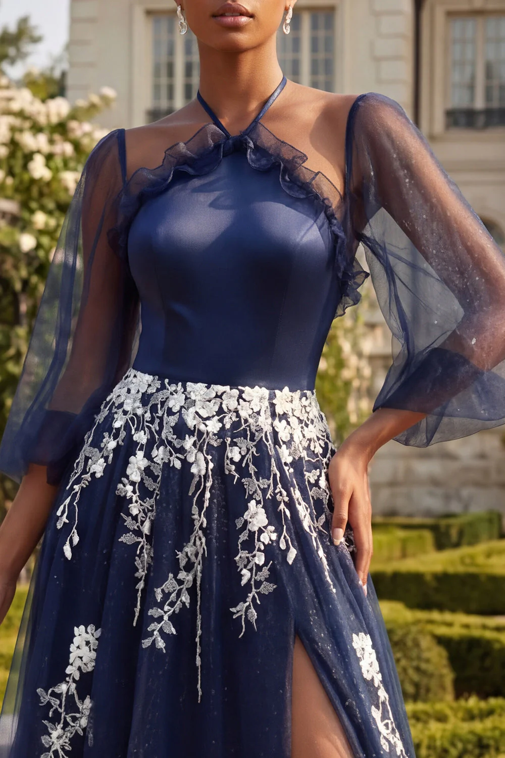 Halter Navy A Line Embroidered 3/4 Sleeves Long Prom Dress with Slit - Image 3