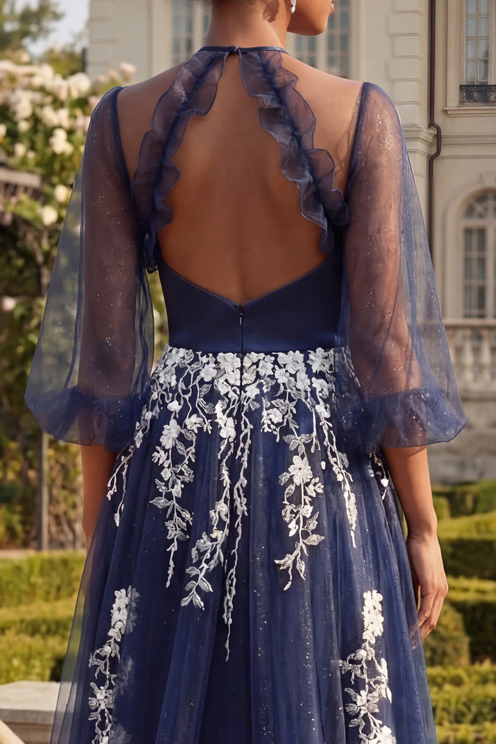 Halter Navy A Line Embroidered 3/4 Sleeves Long Prom Dress with Slit - Image 4