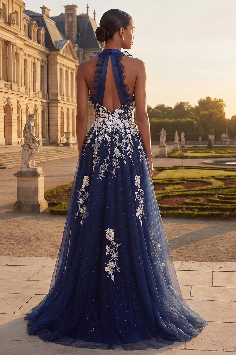 Navy Halter Embroidered A Line Long Tulle Prom Dress with Slit - Image 2