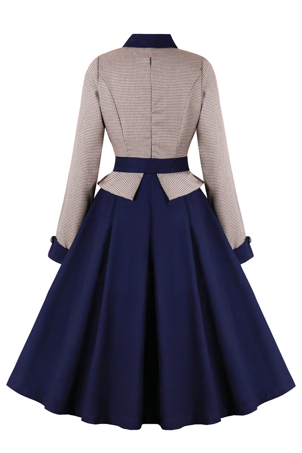 Navy Houndstooth Belted Long Sleeves 1950s Dress - Image 2