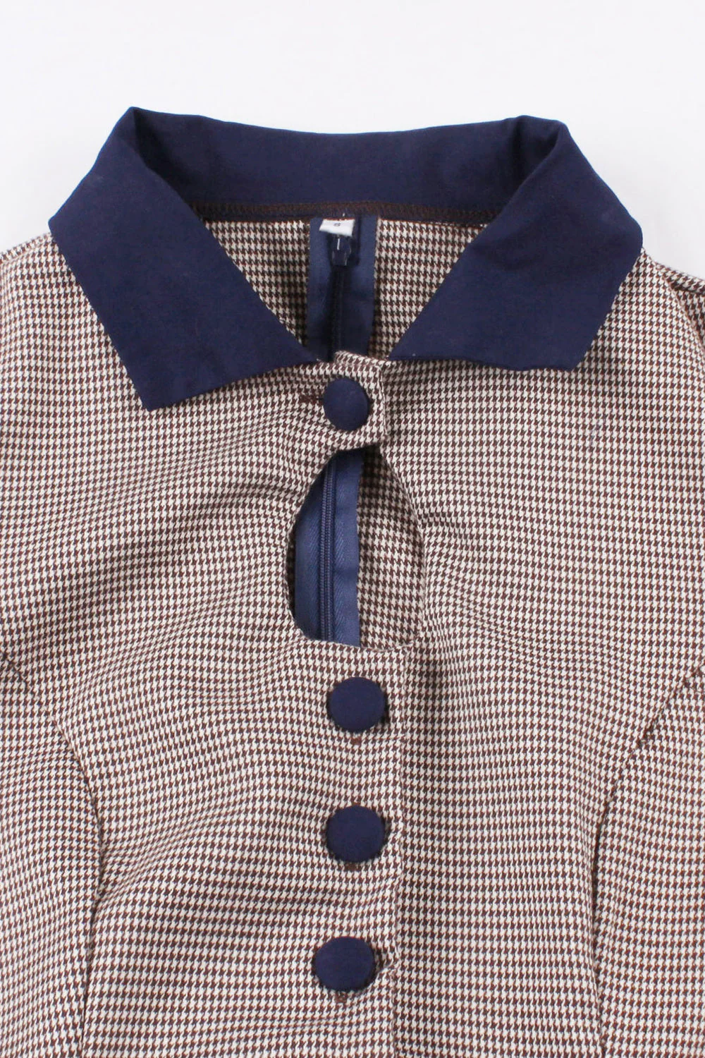 Navy Houndstooth Belted Long Sleeves 1950s Dress - Image 4