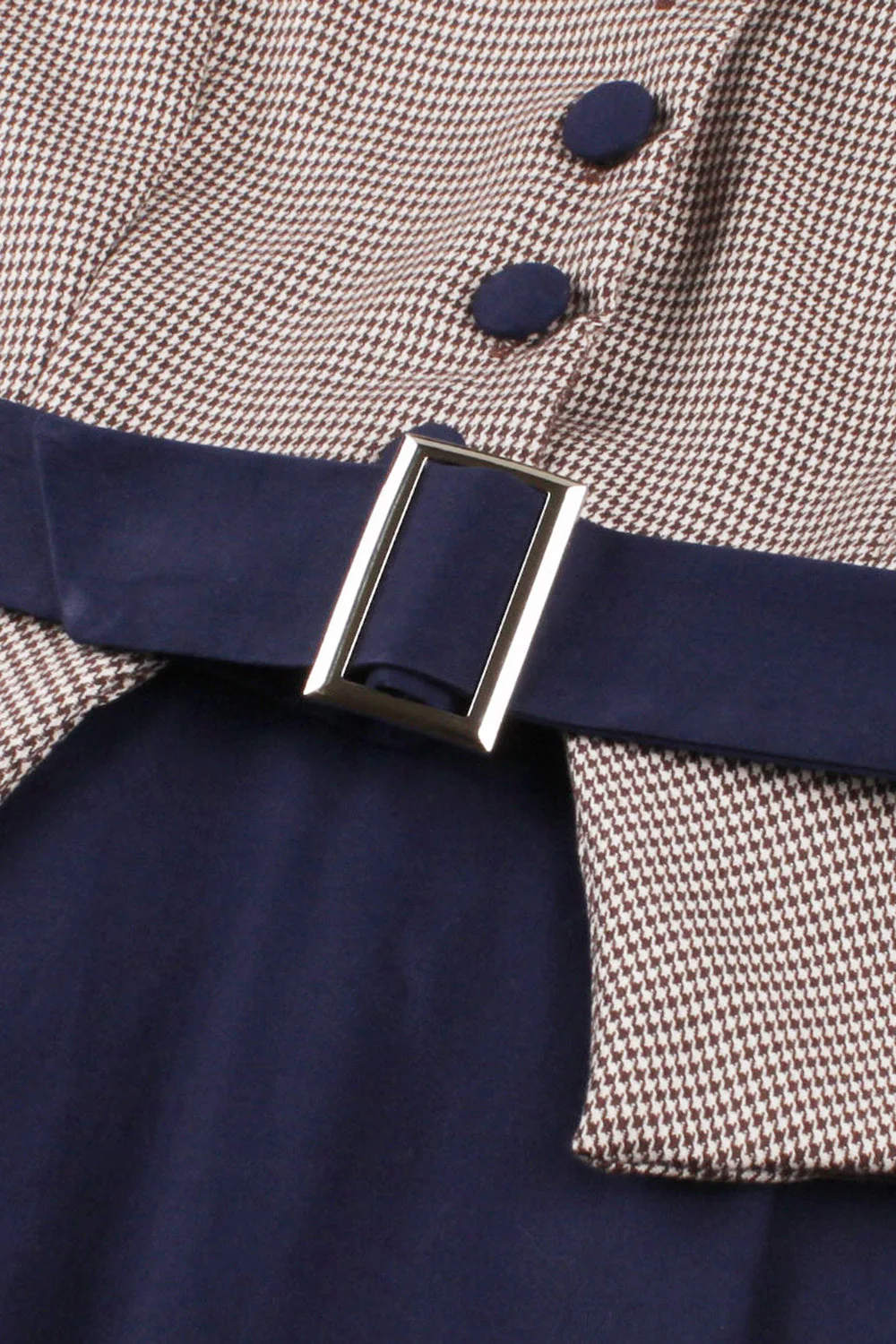 Navy Houndstooth Belted Long Sleeves 1950s Dress - Image 5
