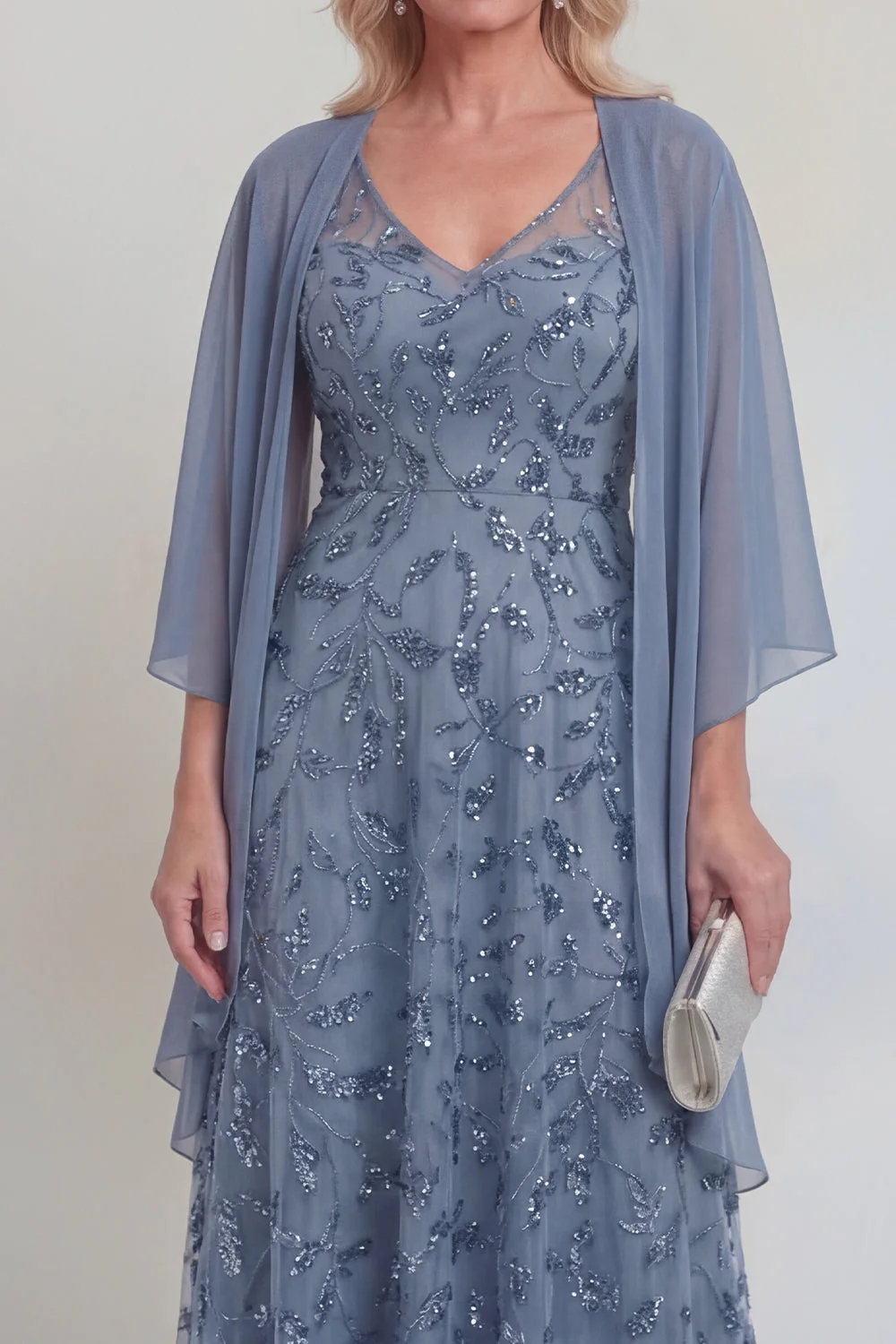 Navy Lace Floral A Line Sequins Long Mother of The Bride Dress with Jacket - Image 11