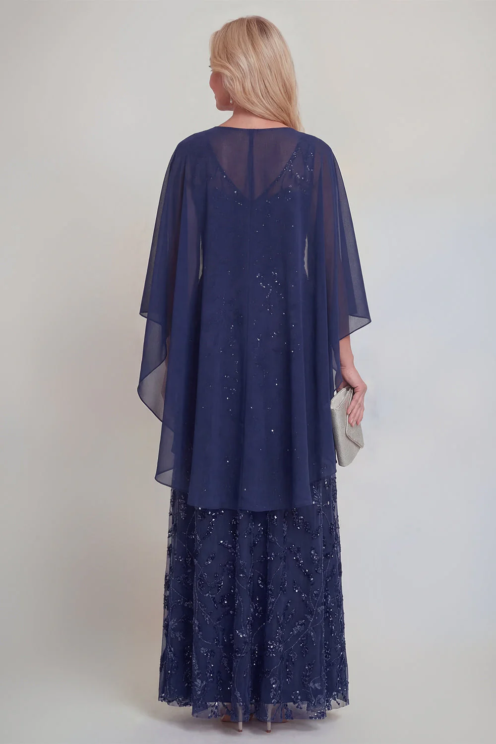 Navy Lace Floral A Line Sequins Long Mother of The Bride Dress with Jacket - Image 2