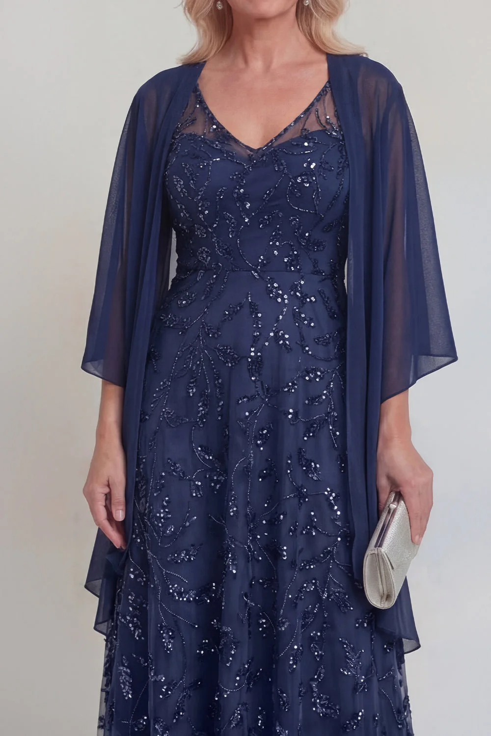 Navy Lace Floral A Line Sequins Long Mother of The Bride Dress with Jacket - Image 3