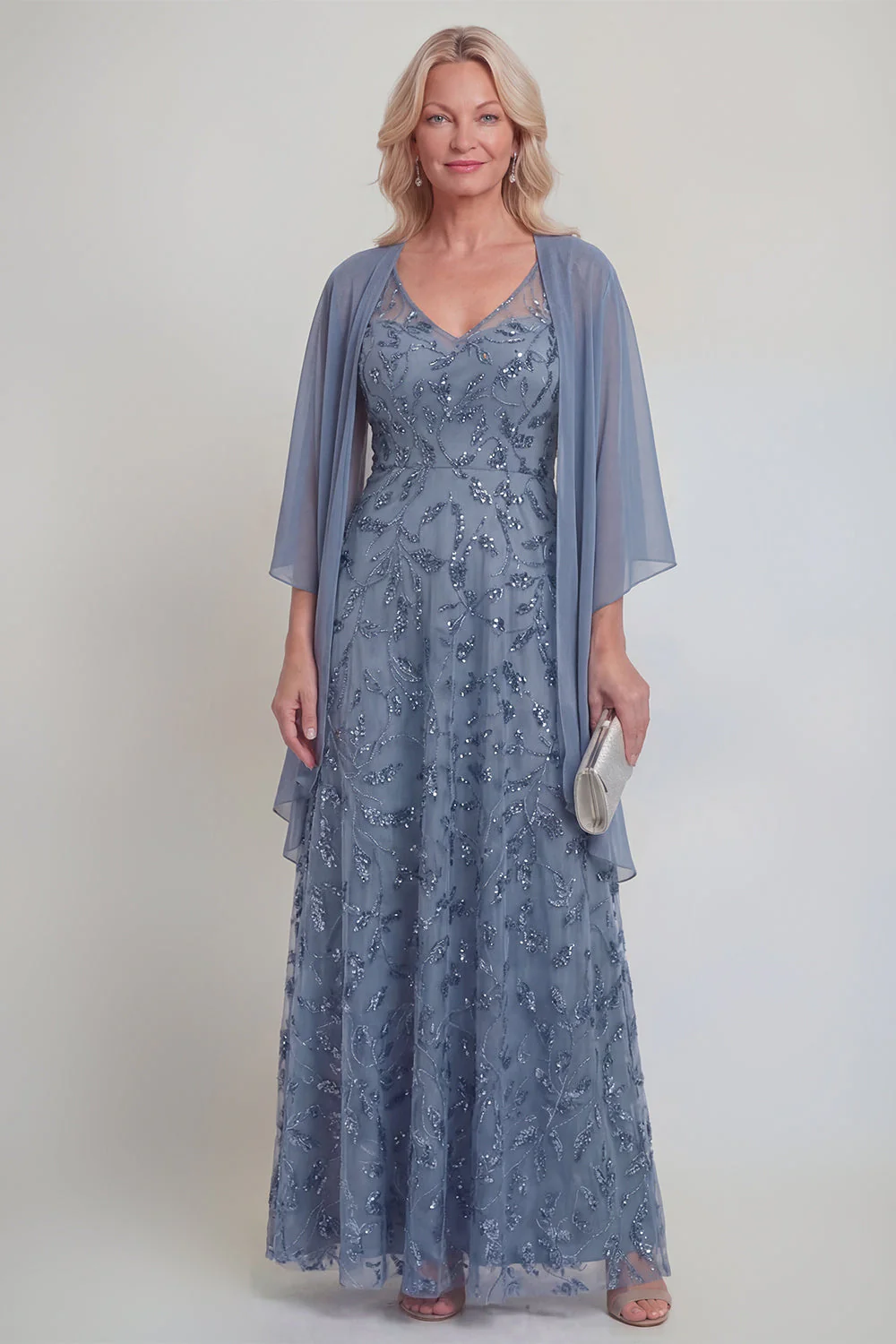 Navy Lace Floral A Line Sequins Long Mother of The Bride Dress with Jacket - Image 9