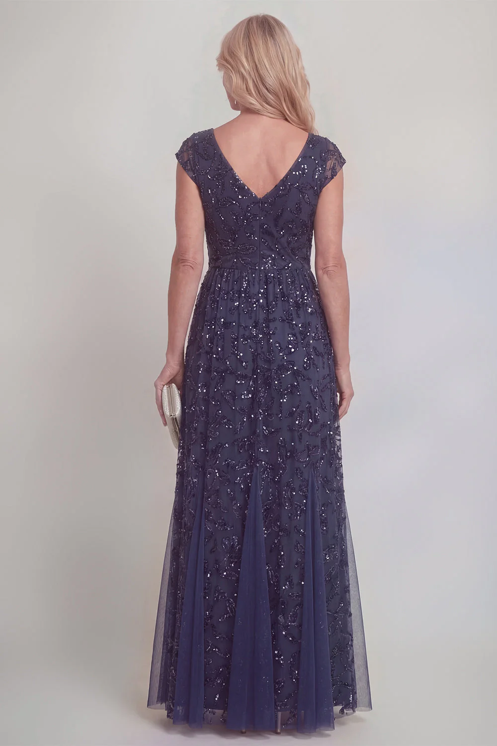 Navy Lace Floral Sequins A Line V-Neck Long Mother of The Bride Dress with Sleeves - Image 2
